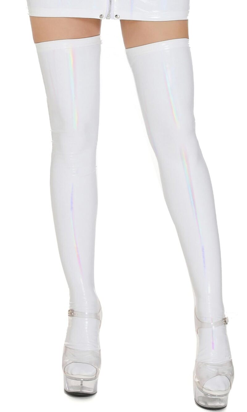 8716 Thigh High Sheer Wet Look High Stockings Faux Patent Leather Over Knee